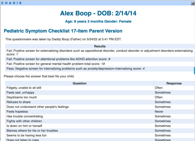 CHADIS Pediatric Symptom Checklist clinician view with results