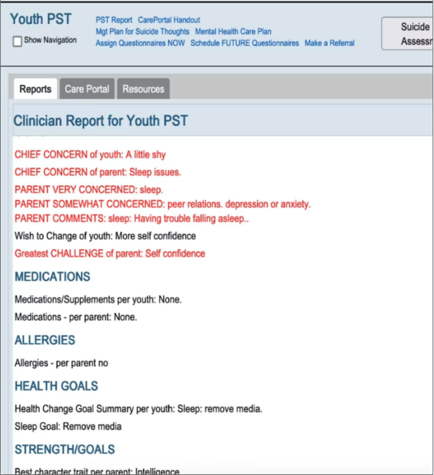 CHADIS Youth PST clinician report with chief concerns and medications